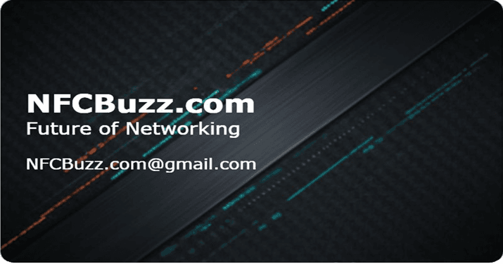 A custom branded NFC business card from NFCBuzz with a logo and contact details.